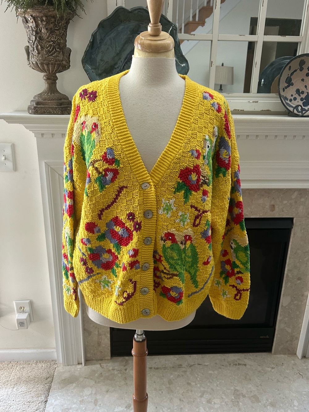 Vintage Hand Knit Carolina Bay Yellow Floral Button-Front Cardigan